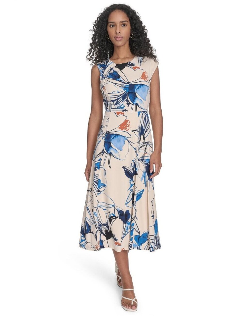 Calvin Klein Womens Floral Print Midi Dress Size 6 Beige/Blue